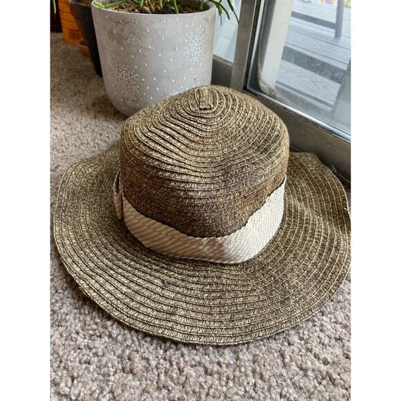 Goorin Bros Low Straw Porkpie Hat Floppy Round Top Woven Striped Button Detail S